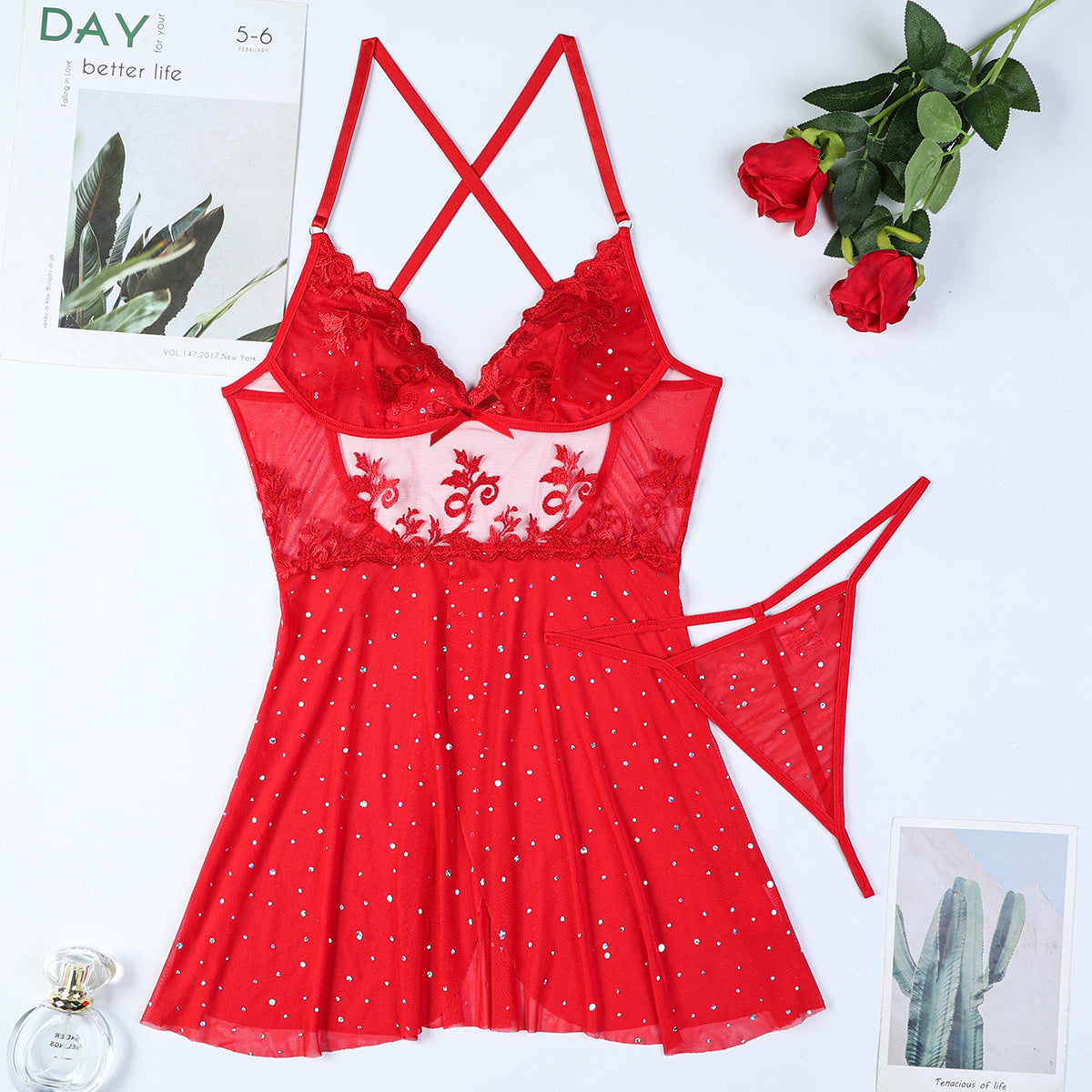 Embroidery Lightweight See-through Bare Back Slip Nightdress