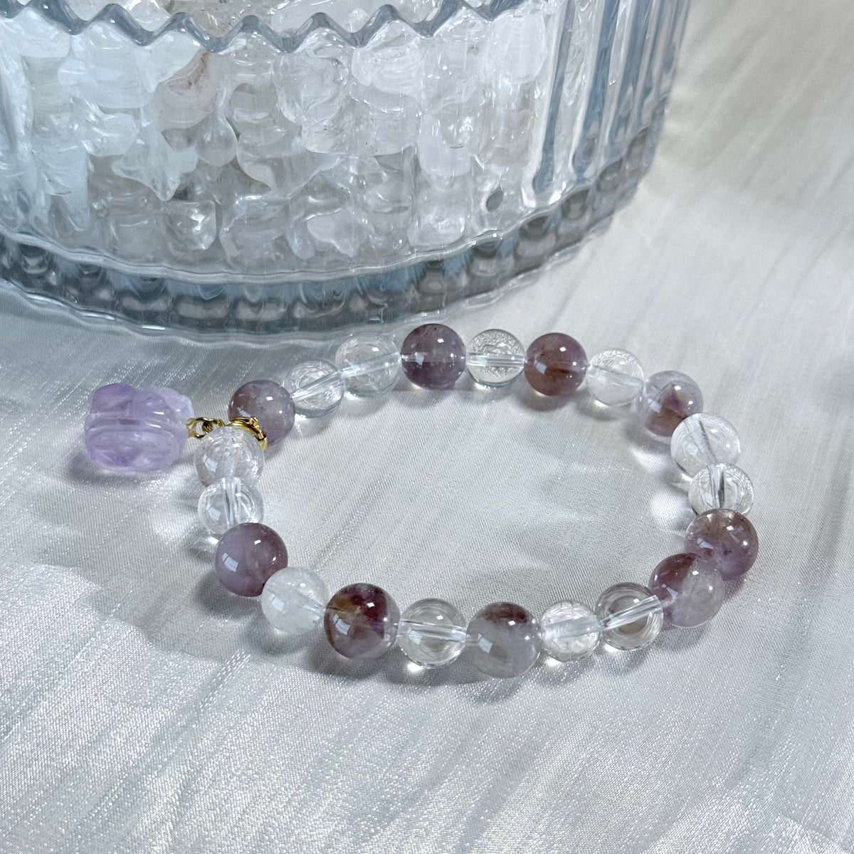 Icy Translucent Violet Hues | Super Seven & Clear Quartz Bracelet—Possessing an Innate, Aloof Beauty