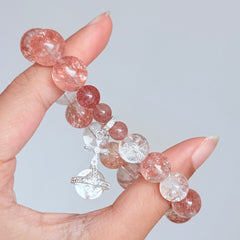 Strawberry Quartz & Clear Quartz Bracelet with Planet Charm