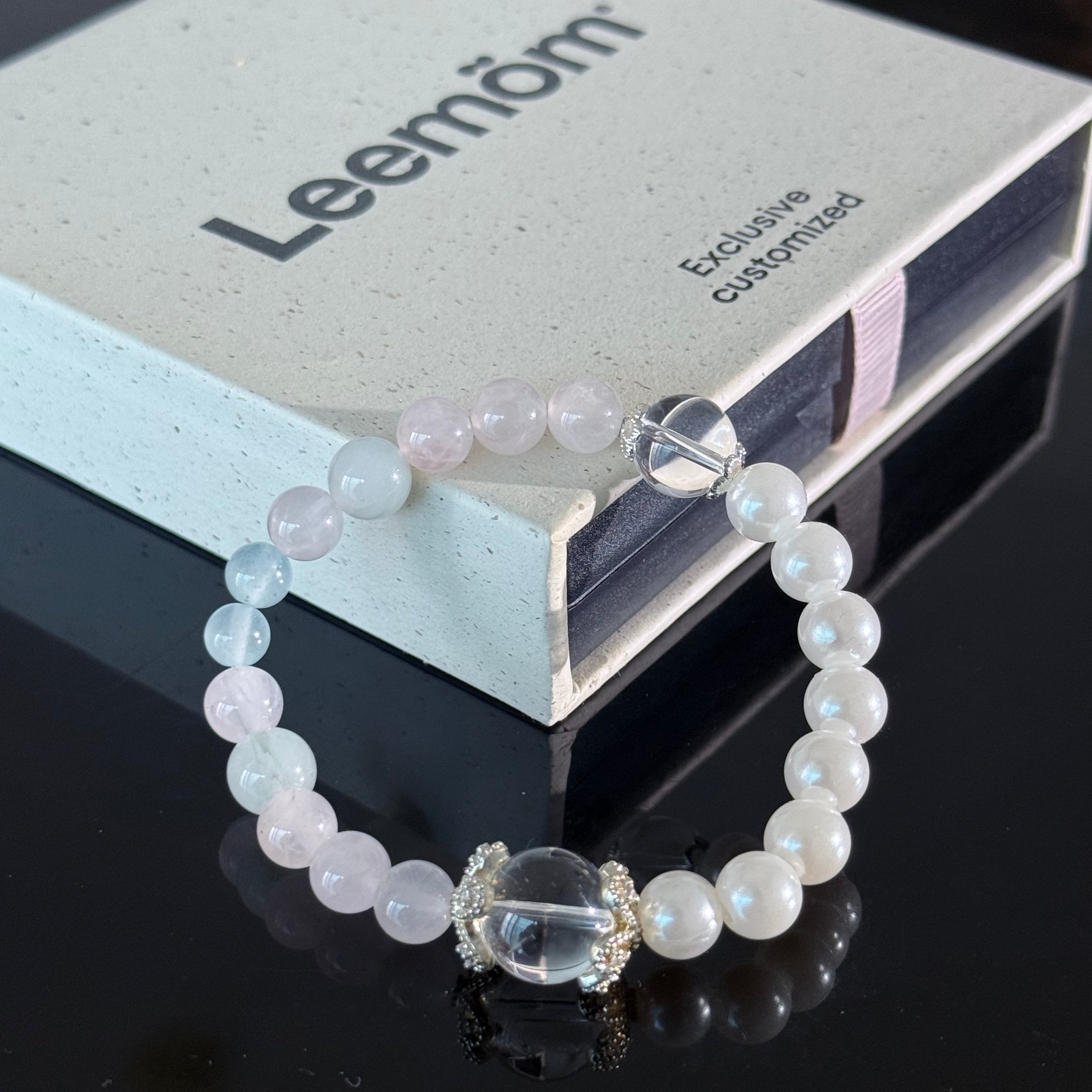 Aquamarine & Rose Quartz Crystal Bracelet with Clear Quartz Center Bead – Handmade Healing Energy Bracelet