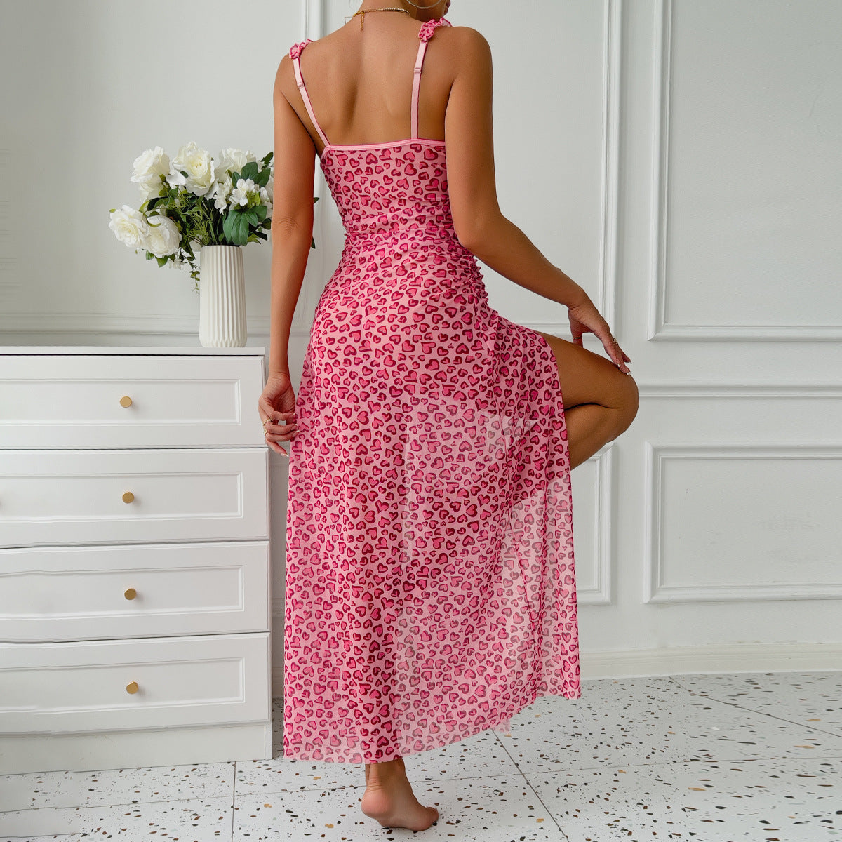 Fuchsia Leopard Love High Slit Long Dress Sling Dress T-Back