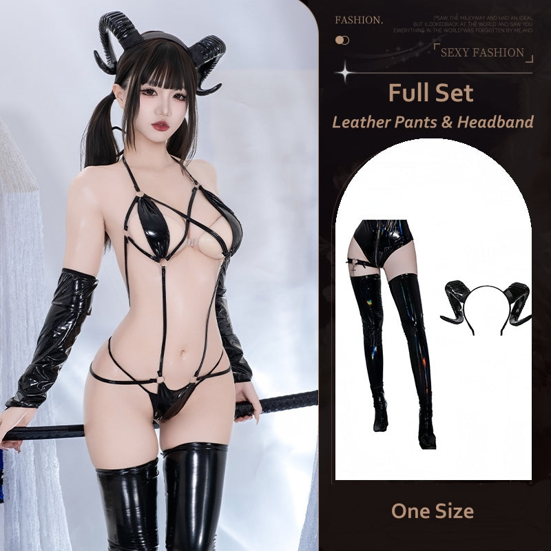 Devil Patent Leather Lace-up Bodysuit