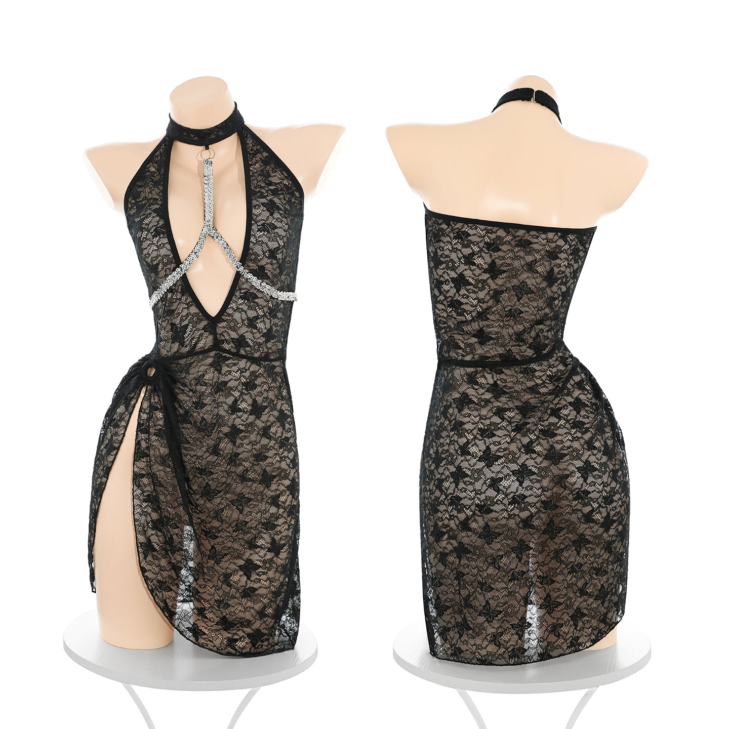 Flash Chain Breastpin Charming See-through Lace Dress