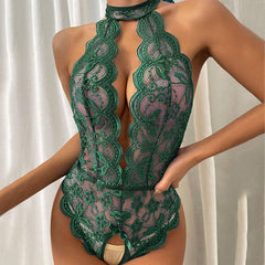 Seductive Crotchless One-Piece Sleepwear  Scallop Lace Plunge V-Neck Halterneck Design
