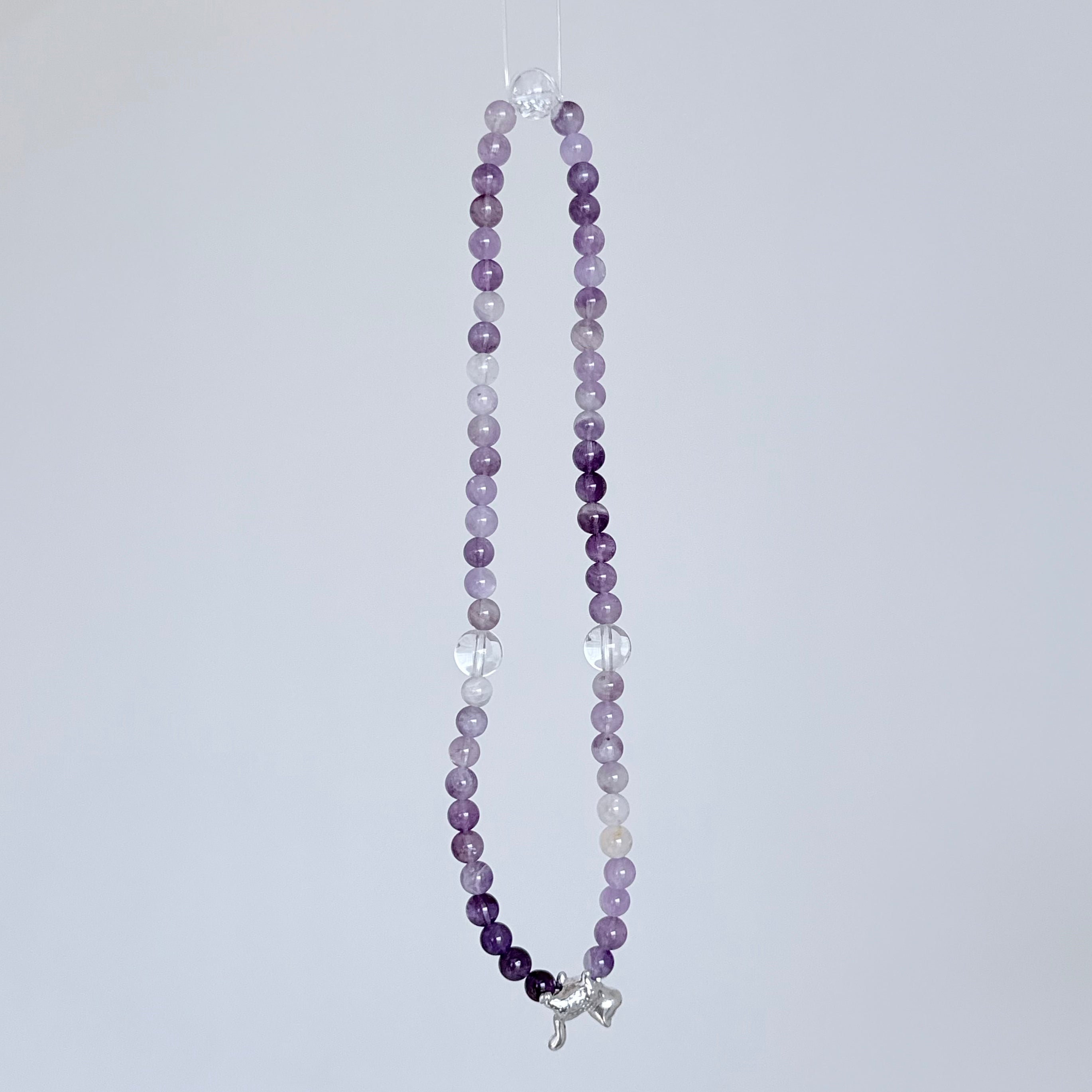 Amethyst & Clear Quartz Bracelet with Silver Cat Charm