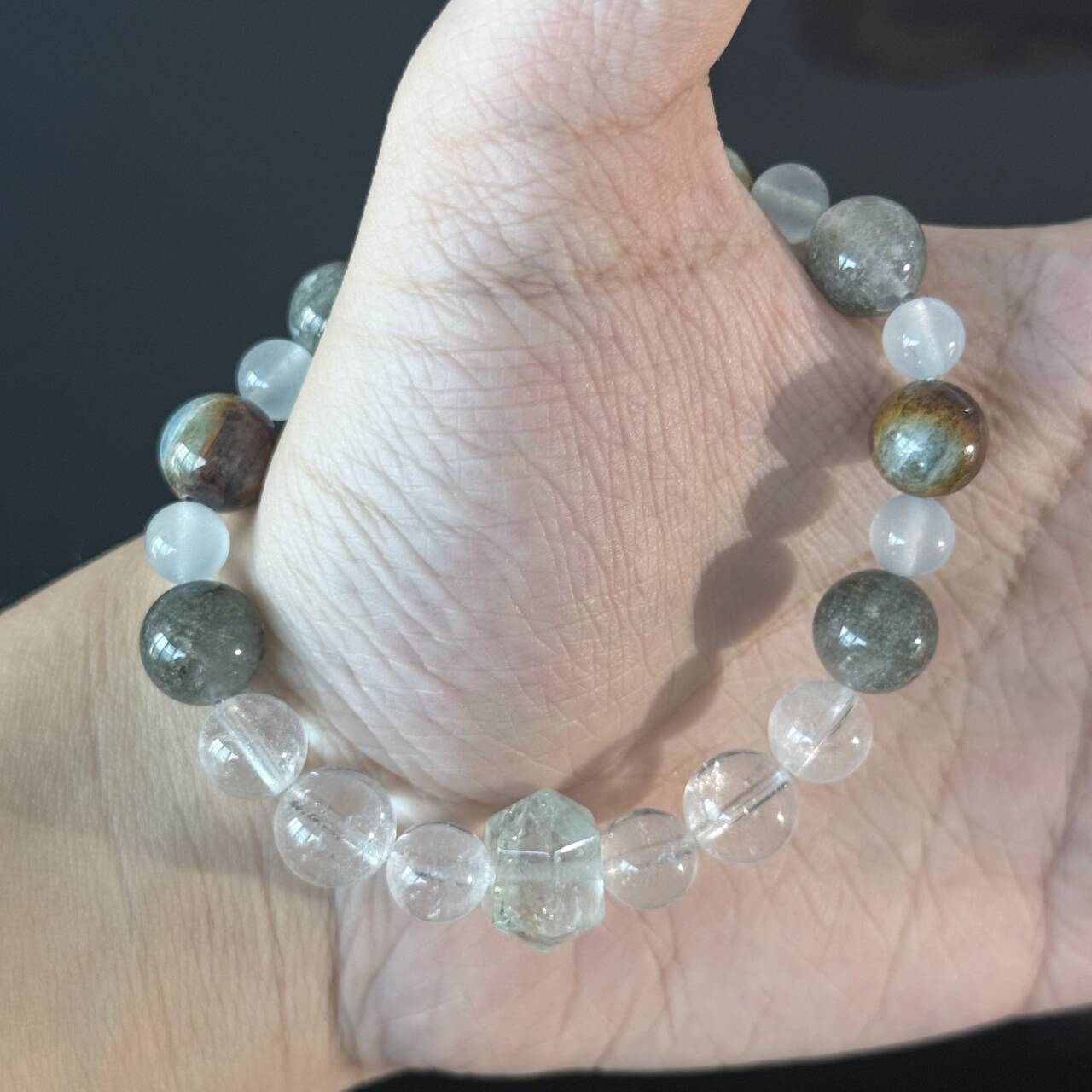 Handcrafted Natural White Crystal and Ocean Jasper Bracelet — Healing Energy Stretch Gemstone Bead Bracelet