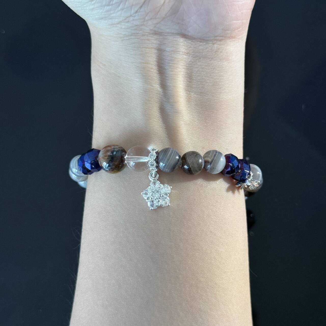 Handcrafted Bracelet featuring Colorful Agate and Clear Crystal — A Handmade Healing Gemstone Bracelet with a Flower Charm