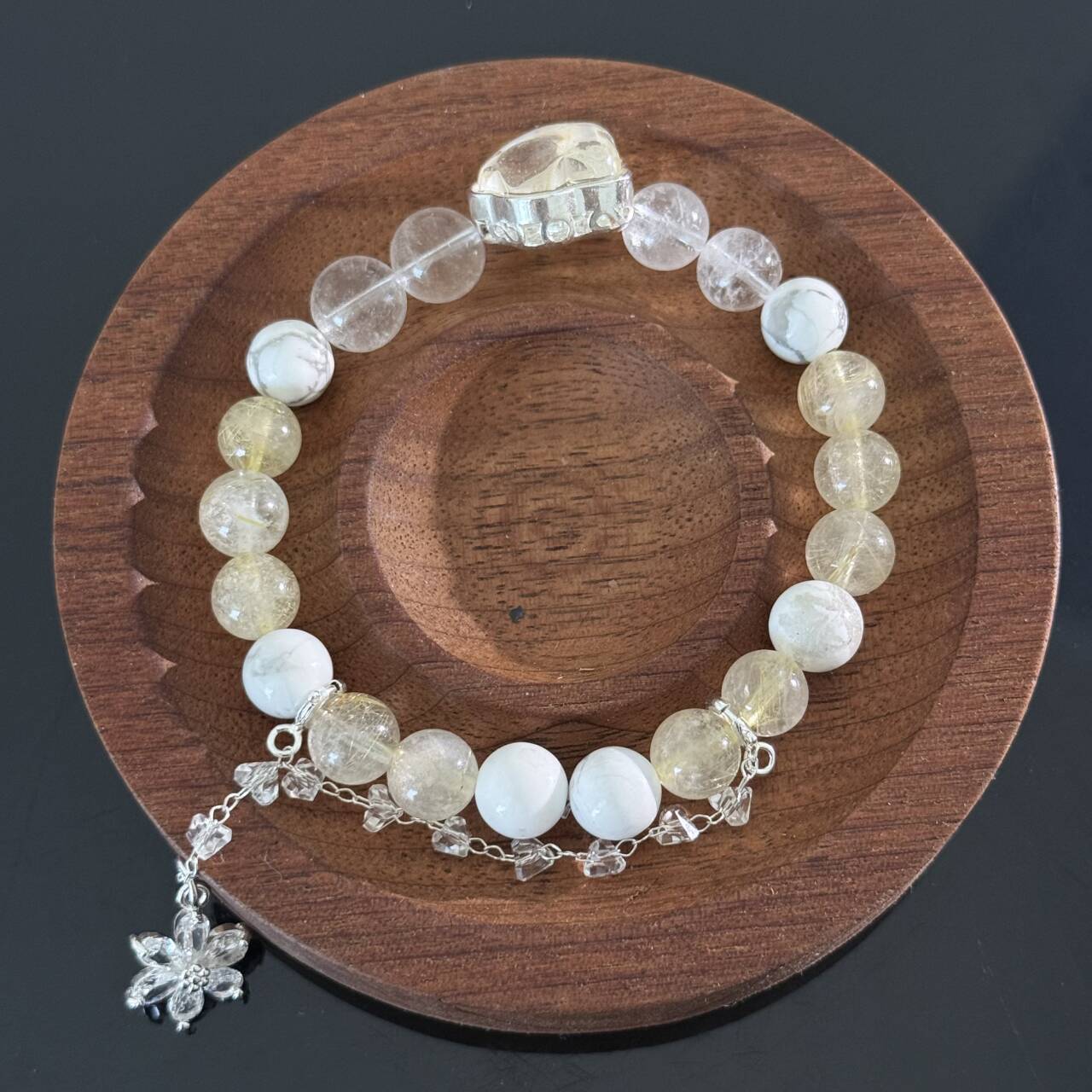 Handcrafted Natural White Crystal & Rutilated Quartz Beaded Bracelet — Adorned with White Turquoise and Crystal Flower Charms — Healing Energy Jewelry