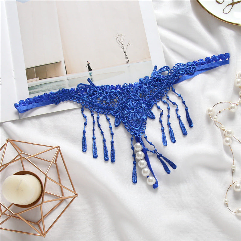 Embroidered Tassel Pearl Open Crotch Thong