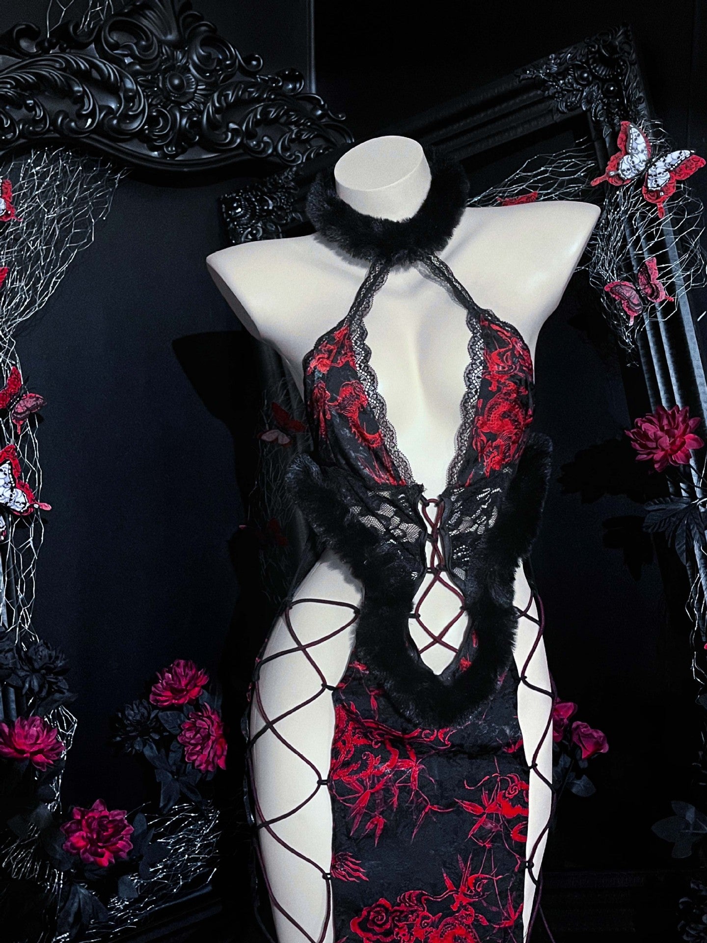 Ancient Style Plush Halter Neck Straps Cheongsam Uniform