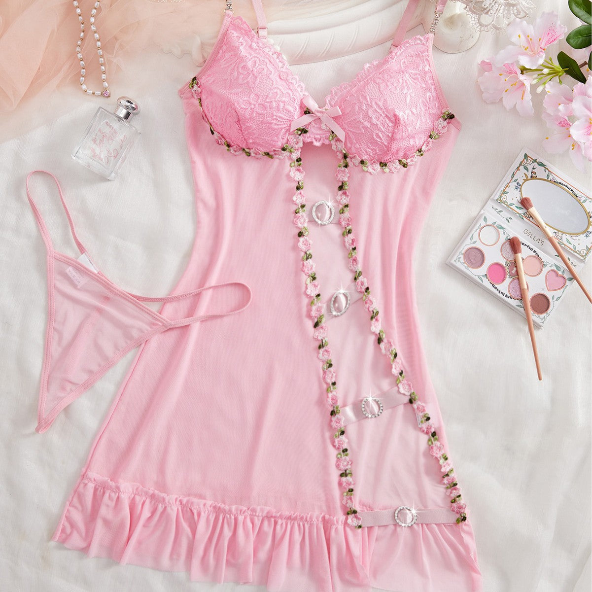 Strap Hollow Sheer Suspender Dress With Thong Set