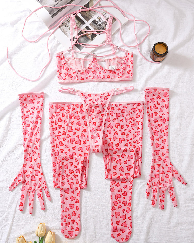 Leopard Mesh Gloves and Leg Socks Lingerie Set