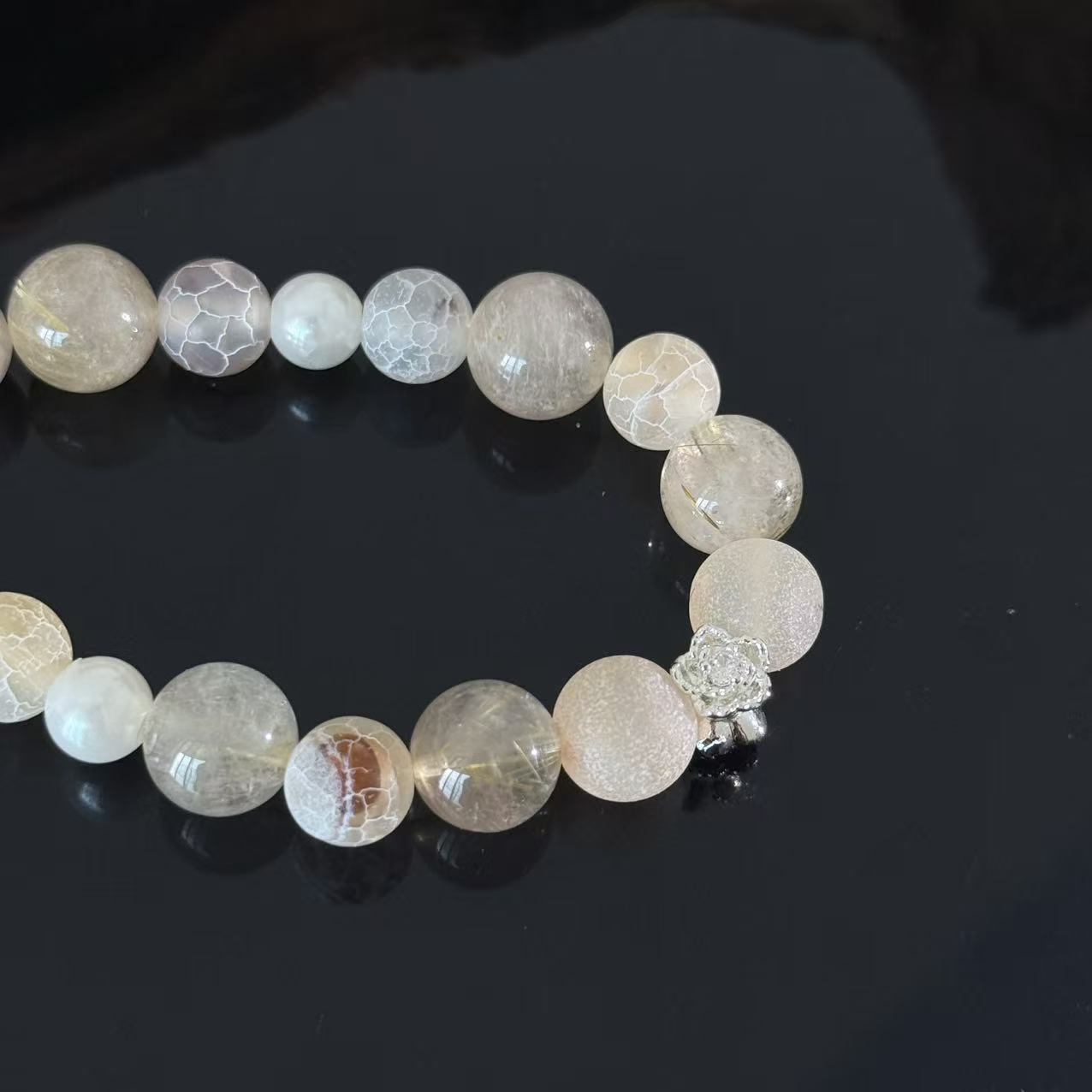 Ethereal White Quartz & Crackle Agate Handmade Bracelet