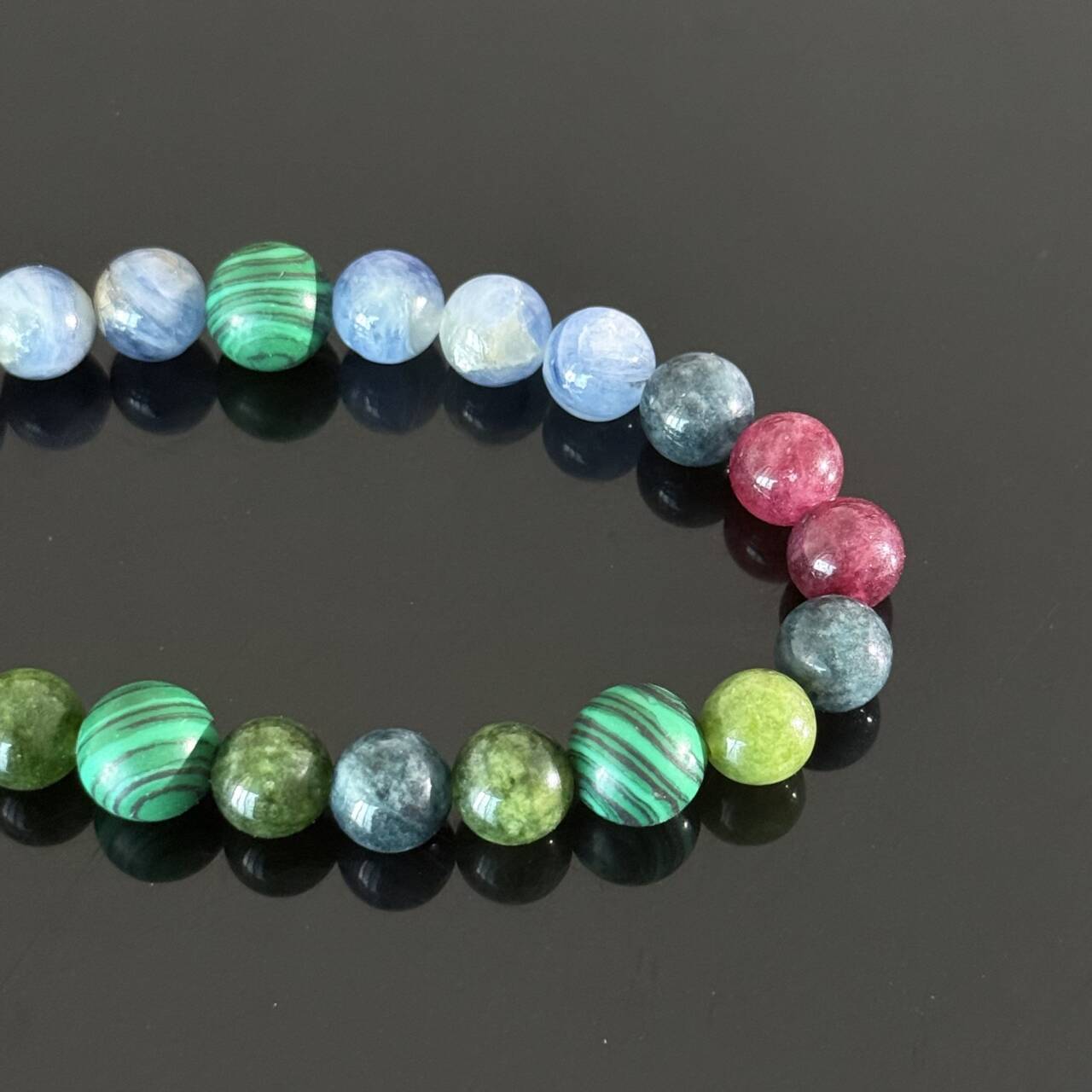 Handcrafted Multi-Color Natural Gemstone Bracelet — Malachite, Blue Apatite, and Tourmaline Crystal Beaded Bracelet