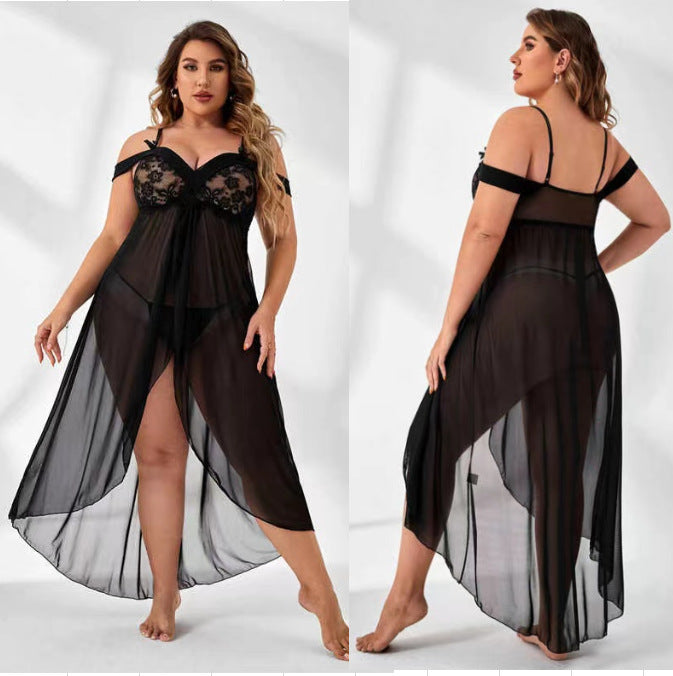 See-through off-the-Shoulder Pajamas Suit Transparent Lace Long Dress