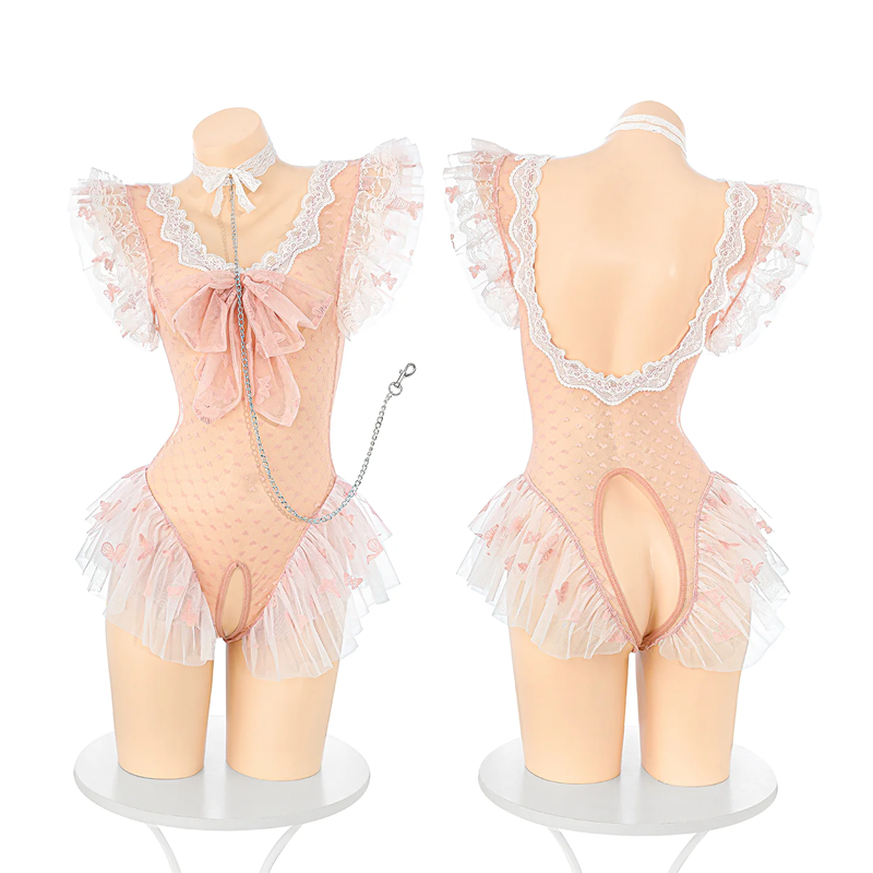 Hand Holding Rope Dot See-through Open Crotch Lingerie Set
