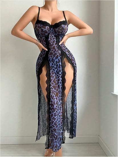 Leopard Lingerie Lace Babydoll Chemise High Slit Mesh Slip Nightgown Thong