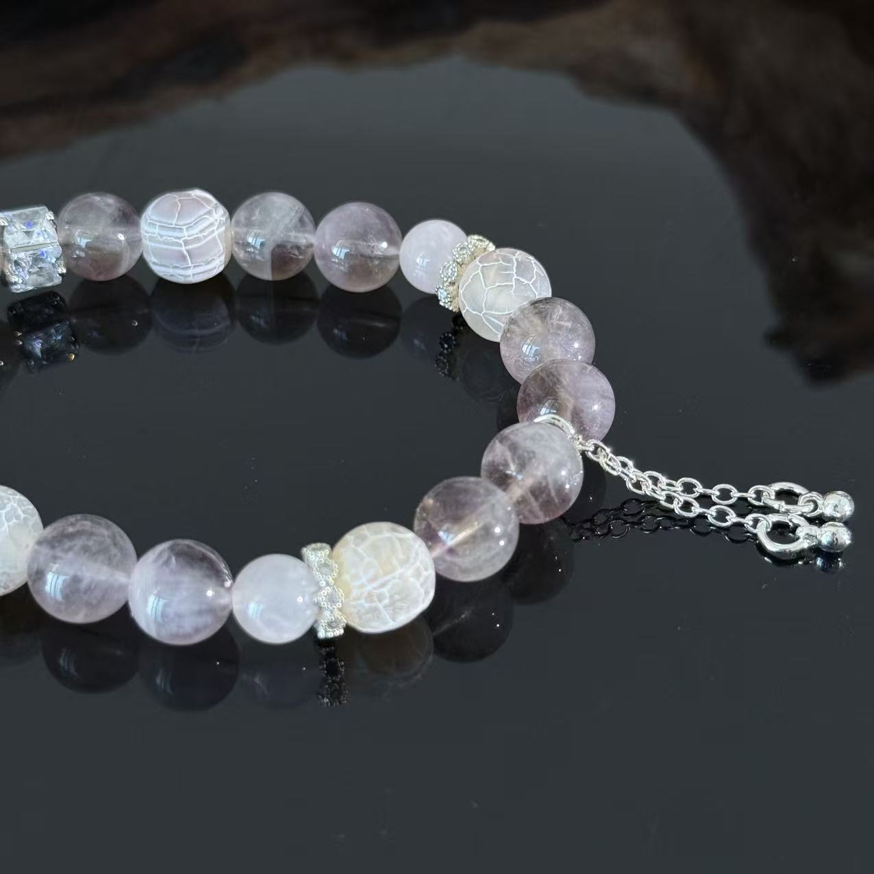 Handcrafted Lavender Amethyst & Rose Quartz Bracelet — Elegant, Healing Crystal Beaded Bracelet with Flower Charm