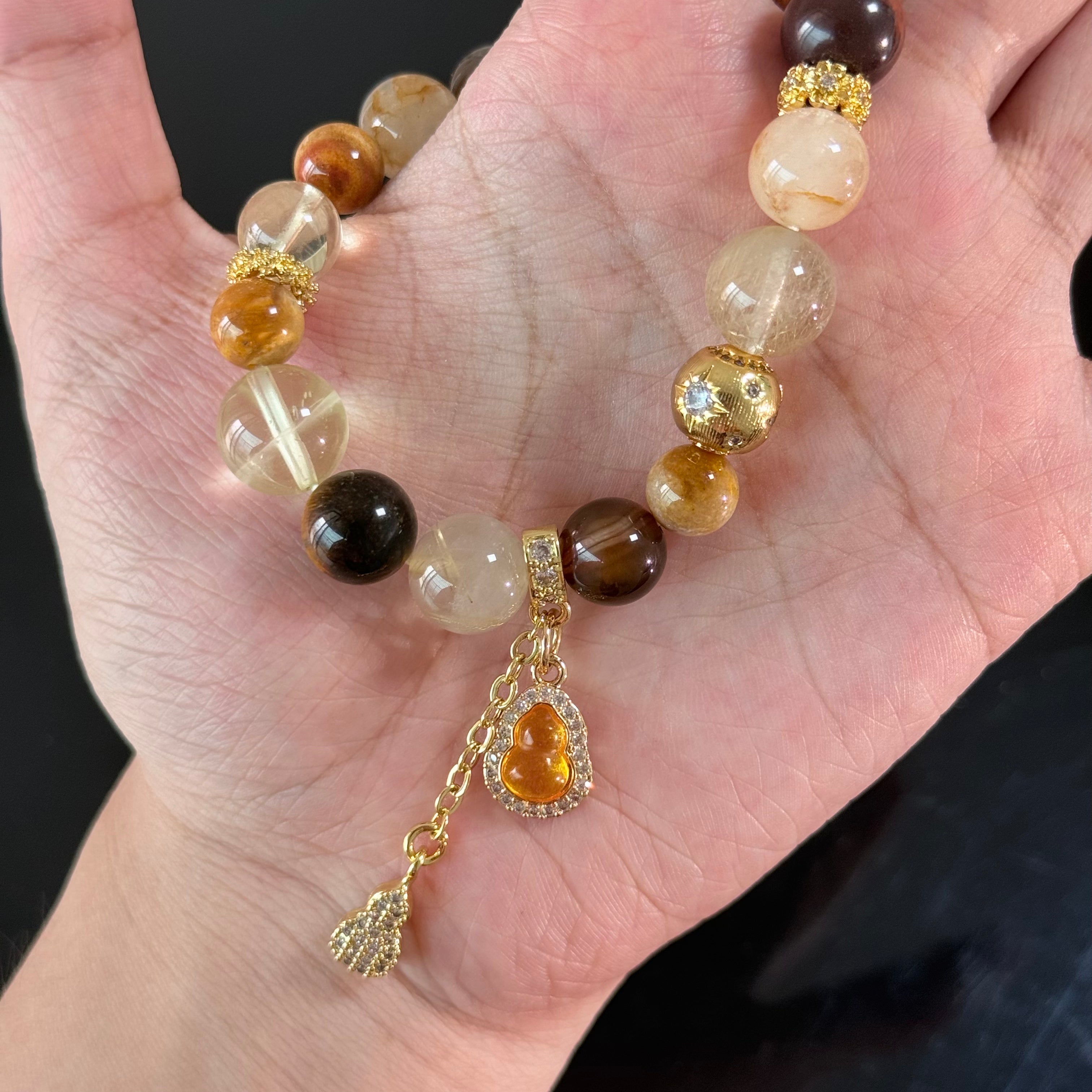 Gourd of Blessings & Money Bag Charm | Wealth-Attracting & Luck-Preserving Multi-Gemstone Crystal Bracelet