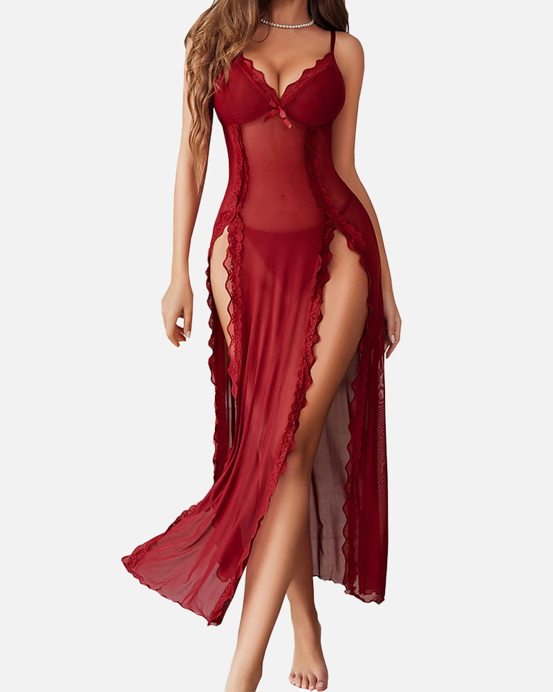 Luxurious Sleepwear Set Hollow-Out Diamond-Embellished Lace Blouse Mesh
