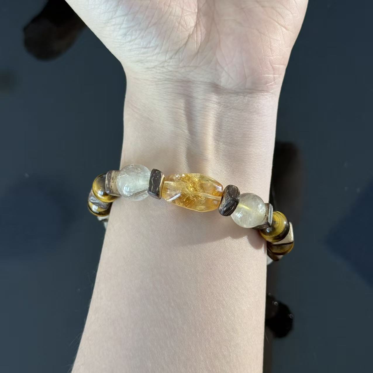 Golden Citrine & Tiger Eye Manual Beaded Bracelet – Natural Crystal Energy Bracelet with Wood Accents