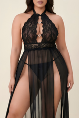 Erotic Halter Long Slit Dress Set Mesh See-Through Lace Backless Design
