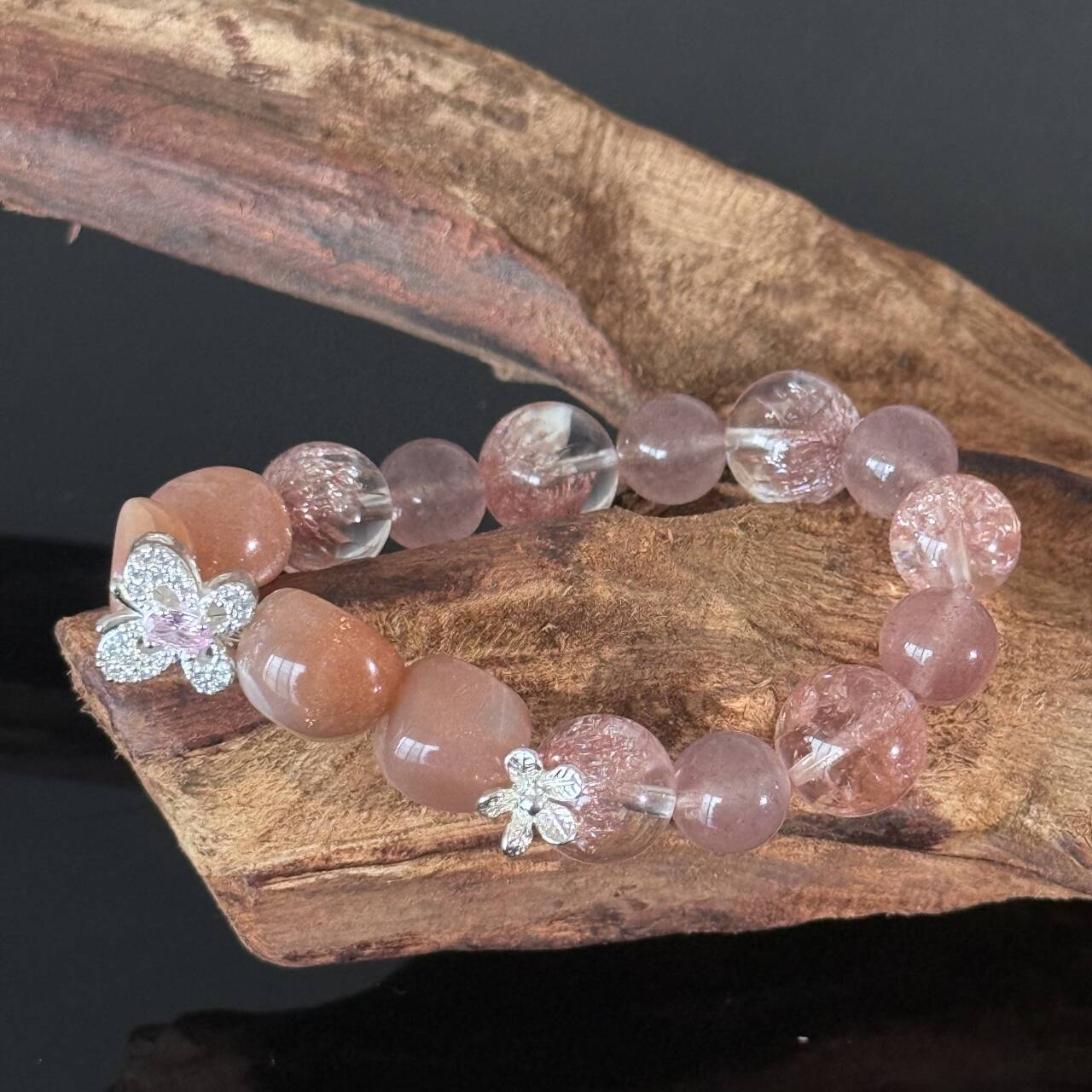 Pink Strawberry Quartz and Rose Crystal Bracelet – Handmade Gemstone Elastic Bracelet
