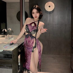 Sheer Halter Neck Cheongsam Uniform Suit