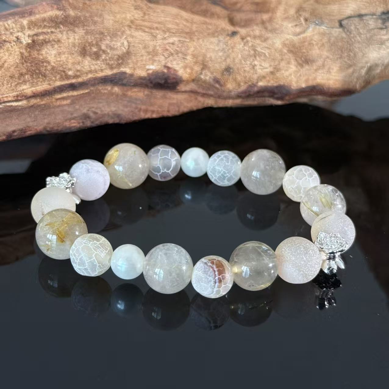 Ethereal White Quartz & Crackle Agate Handmade Bracelet