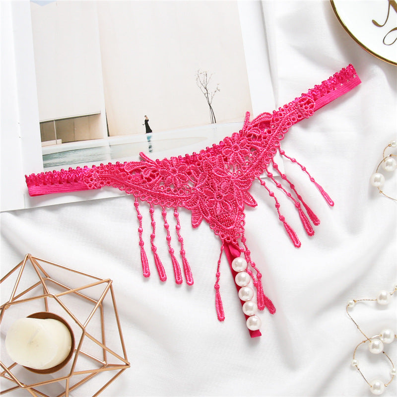 Embroidered Tassel Pearl Open Crotch Thong