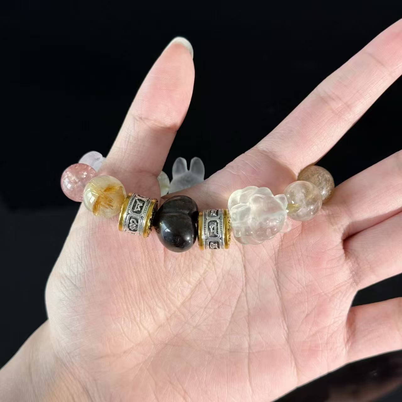 Handcrafted Crystal Pendant Bracelet — Featuring Carved Jade Rabbit and Floral Accents