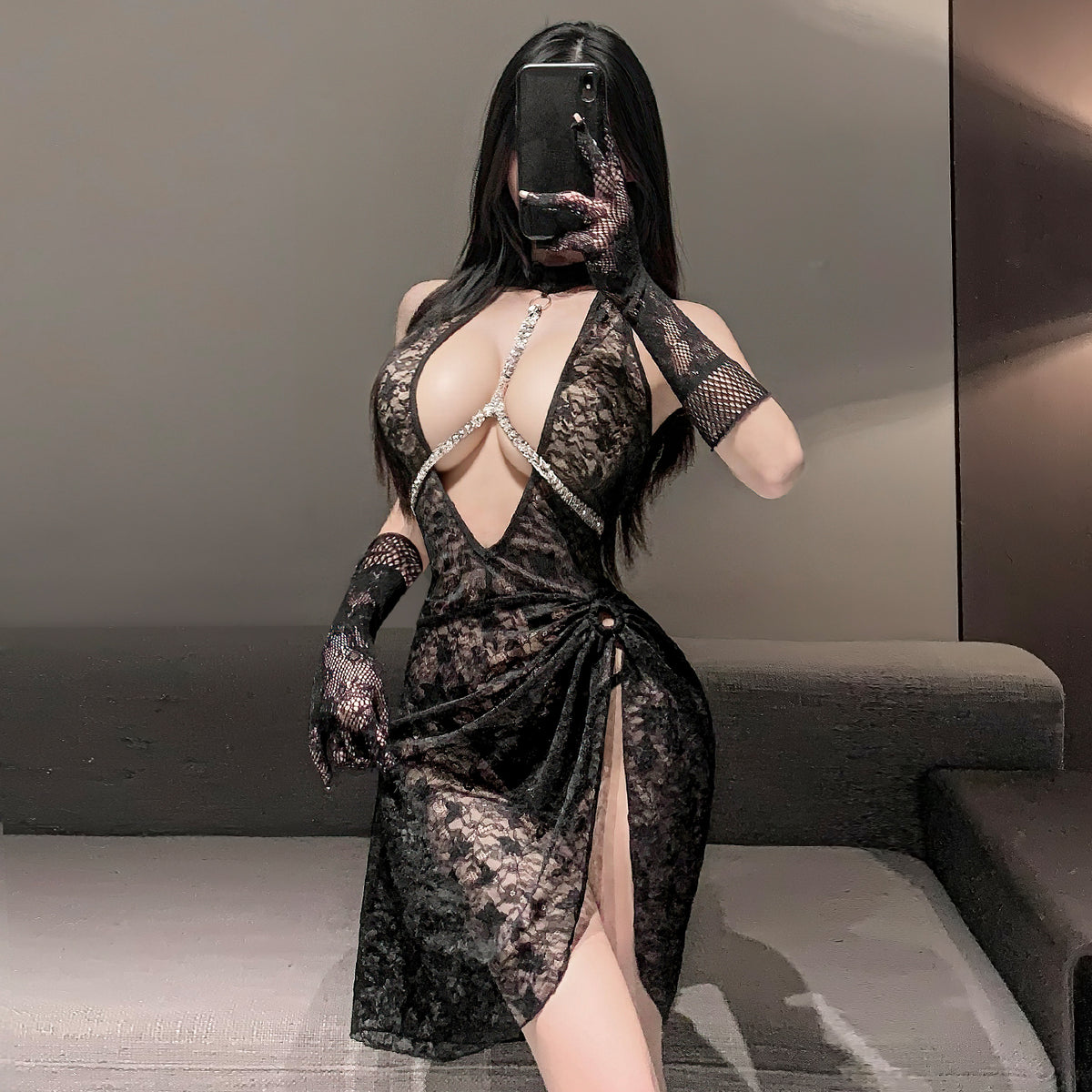 Flash Chain Breastpin Charming See-through Lace Dress