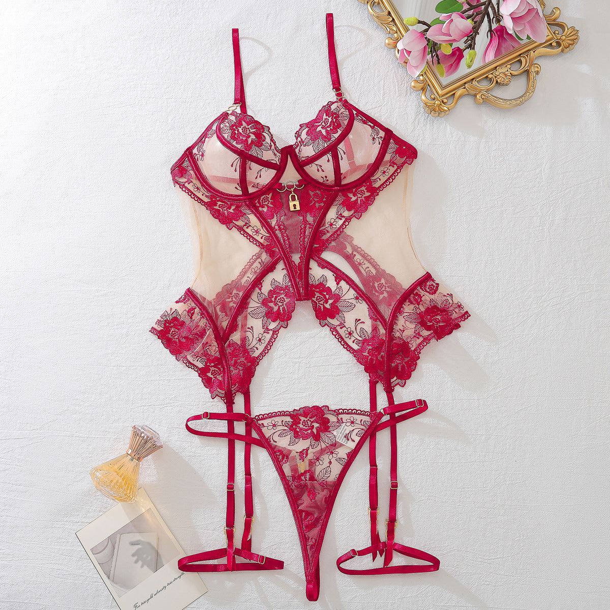 See-through Embroidery padlock charm Mesh Body Shaping Lingerie Set