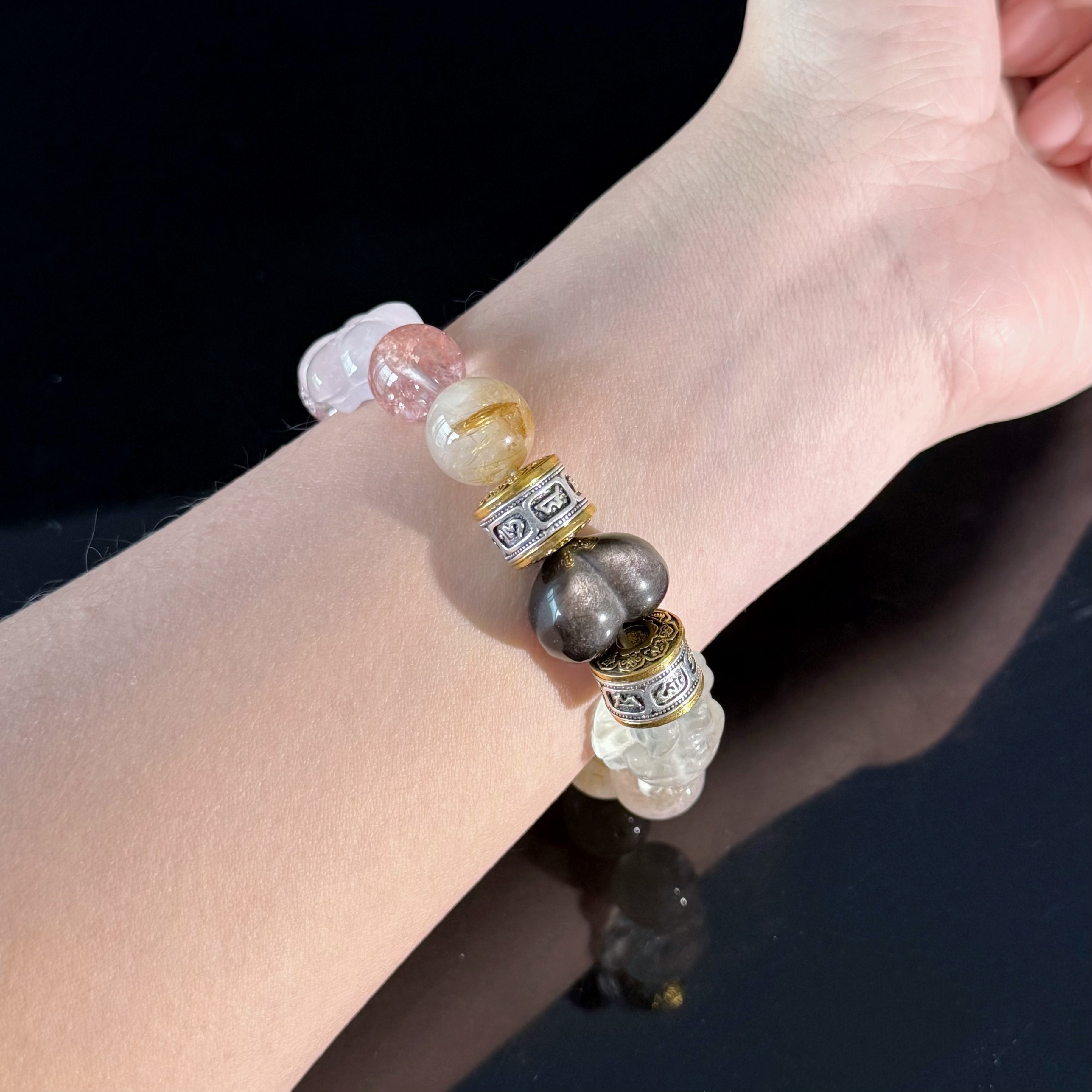 Handcrafted Crystal Pendant Bracelet — Featuring Carved Jade Rabbit and Floral Accents
