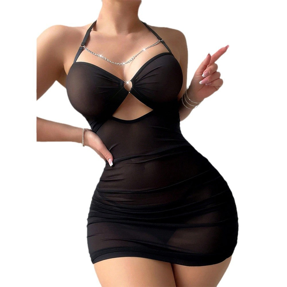 Halter See-through Chain Decoration Nightdress T-Back Two-Piece Set