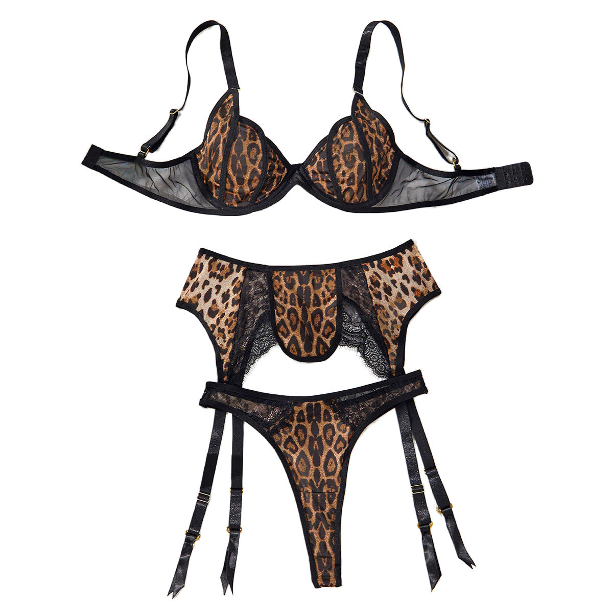 Lace Patchwork Leopard Print Set Low-Cut Erotic Lingerie Three-Piece Set