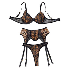 Lace Patchwork Leopard Print Set Low-Cut Erotic Lingerie Three-Piece Set