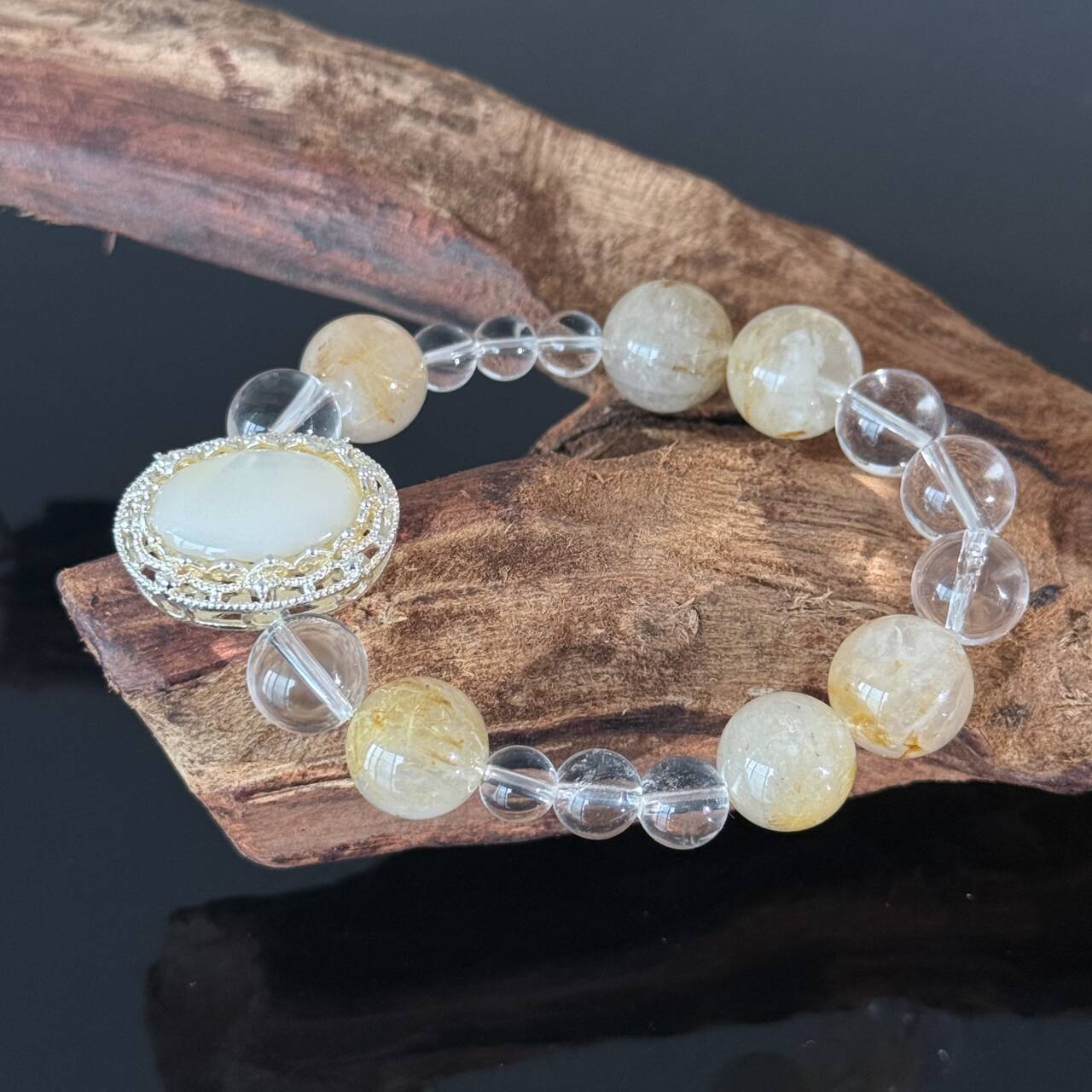 Handcrafted Titanium Quartz & Opal Crystal Bracelet — A White Crystal Healing Bracelet Featuring Gold-Rutile Titanium Quartz and an Oval Opal Pendant