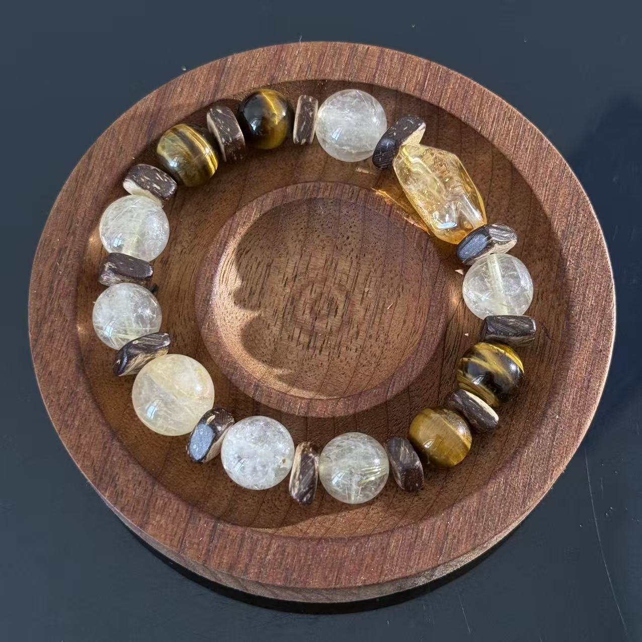 Golden Citrine & Tiger Eye Manual Beaded Bracelet – Natural Crystal Energy Bracelet with Wood Accents