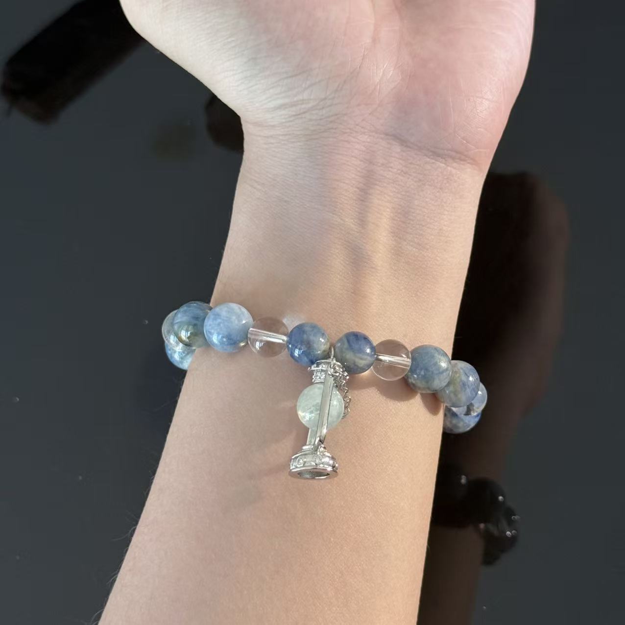 Blue Kyanite & Clear Quartz Crystal Bracelet with Pendant Charm – Handmade Calming Energy Beaded Bracelet