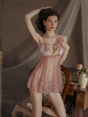 Lace See-Through Pearl Strap Nightdress