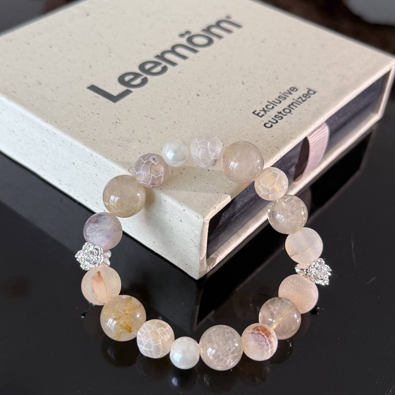 Handcrafted Natural Titanium Quartz & Frosted Agate Bracelet — White Crystal Healing Beaded Stretch Bracelet
