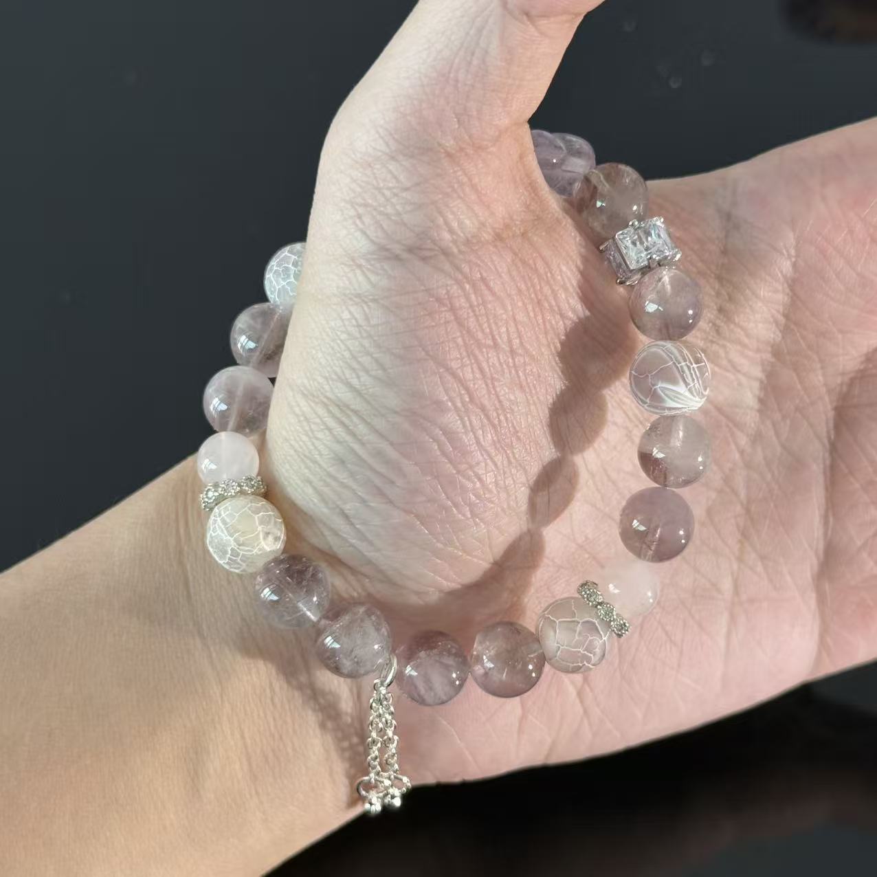Handcrafted Lavender Amethyst & Rose Quartz Bracelet — Elegant, Healing Crystal Beaded Bracelet with Flower Charm