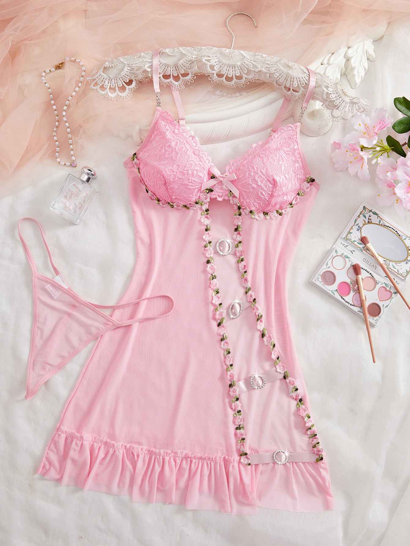 Strap Hollow Sheer Suspender Dress With Thong Set