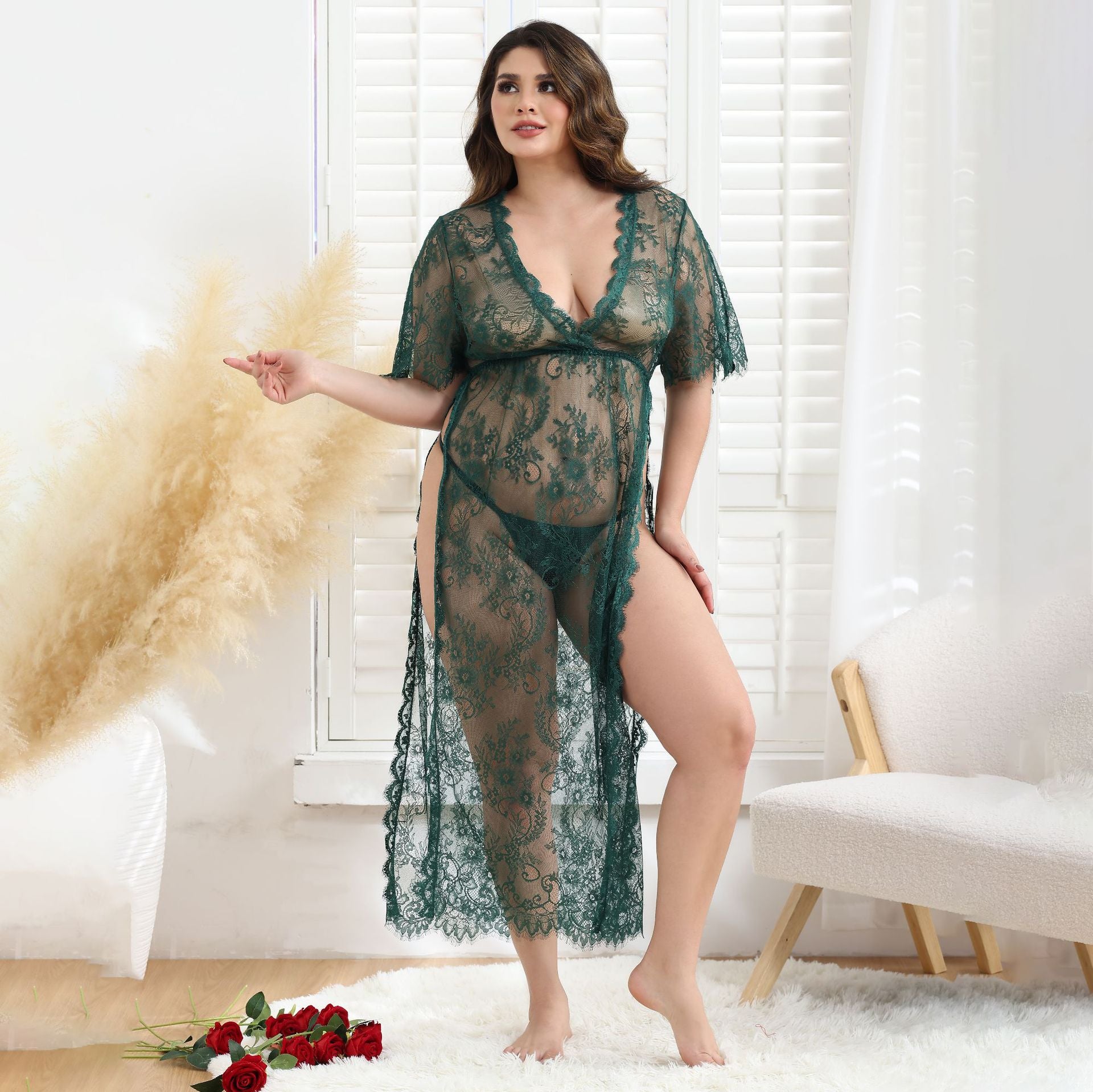 Lace Mesh See-through Big Dress Long-Sleeved Suit