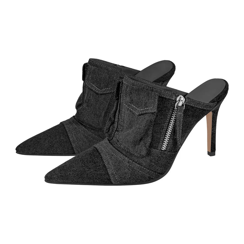Denim Pointed Toe Stiletto Mules