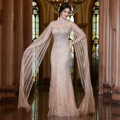 Elegant Beaded Cape Sleeves Evening Gown