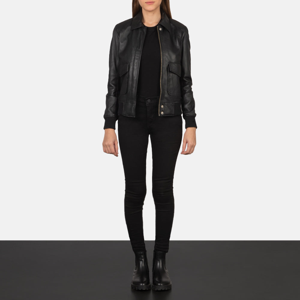 Black Leather Women's Bomber Jacket