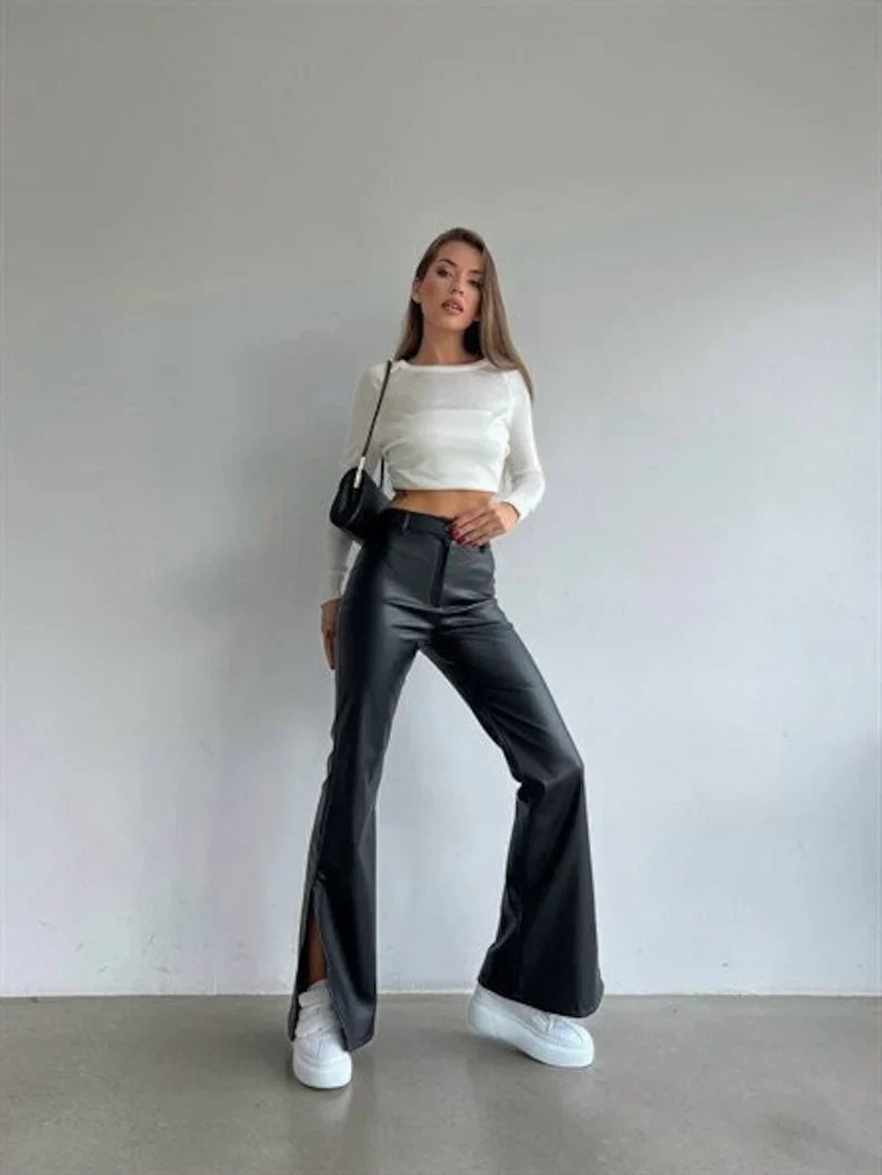 Black Leather Women's Palazzo Pants