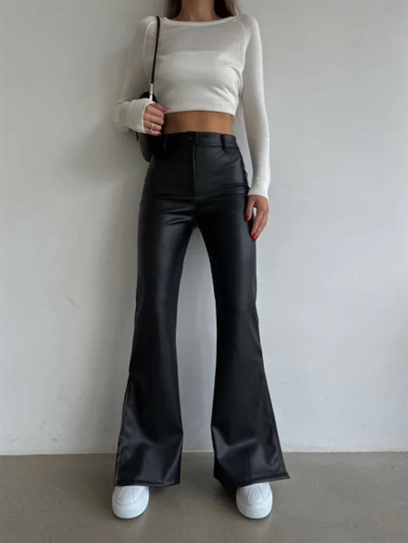 Black Leather Women's Palazzo Pants